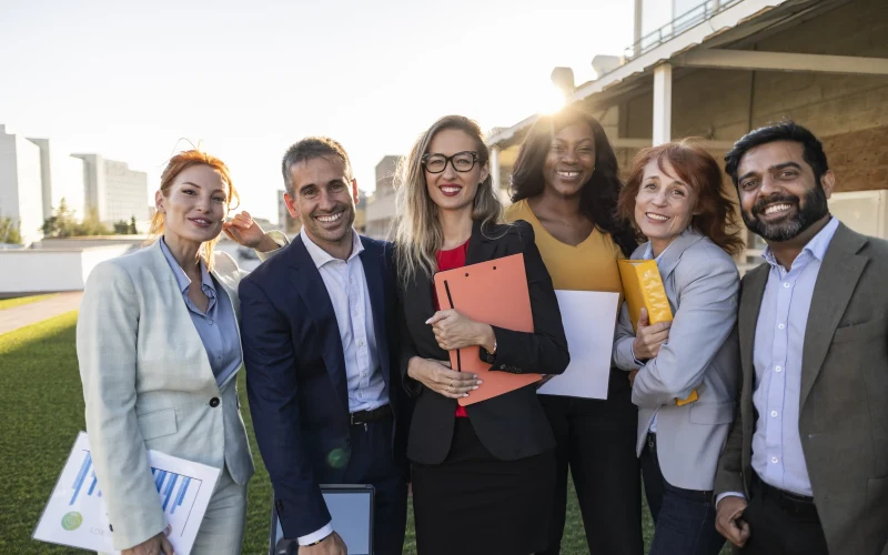 Smiling colleagues standing together outside their office on a work day out